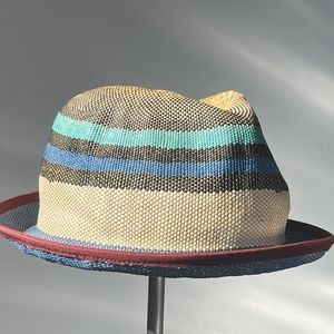 BCBG Women’s Blue Stripe Fedora Straw Hat - O/S